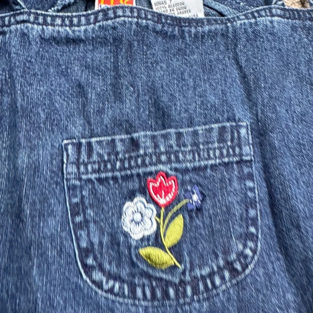 Vintage McKids McDonalds Girls Size 7 Embroidered Denim Jumper Dress Flowers Y2K
